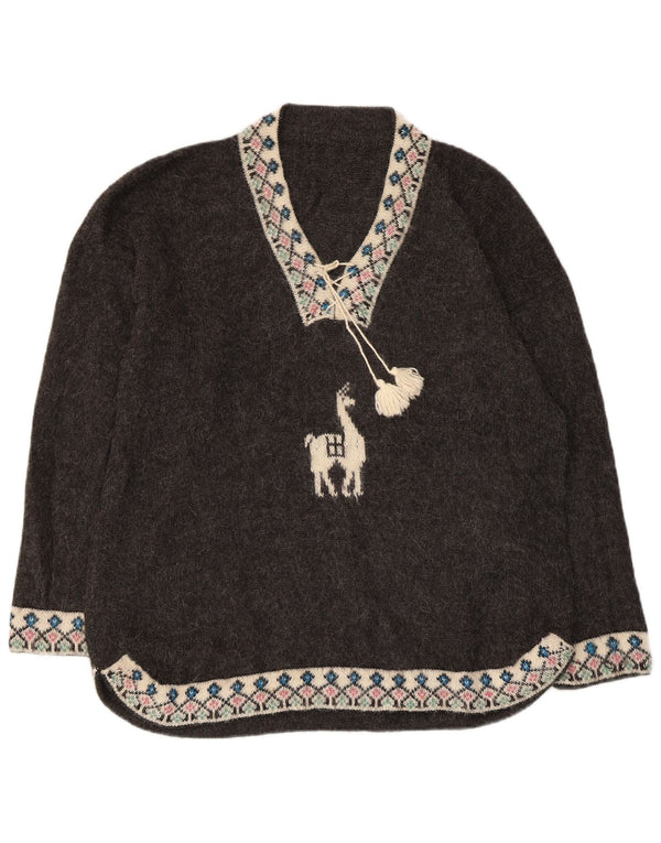 Damski sweter oversize VINTAGE z dekoltem w kształcie litery V, UK 18 XL, szary Fair Isle