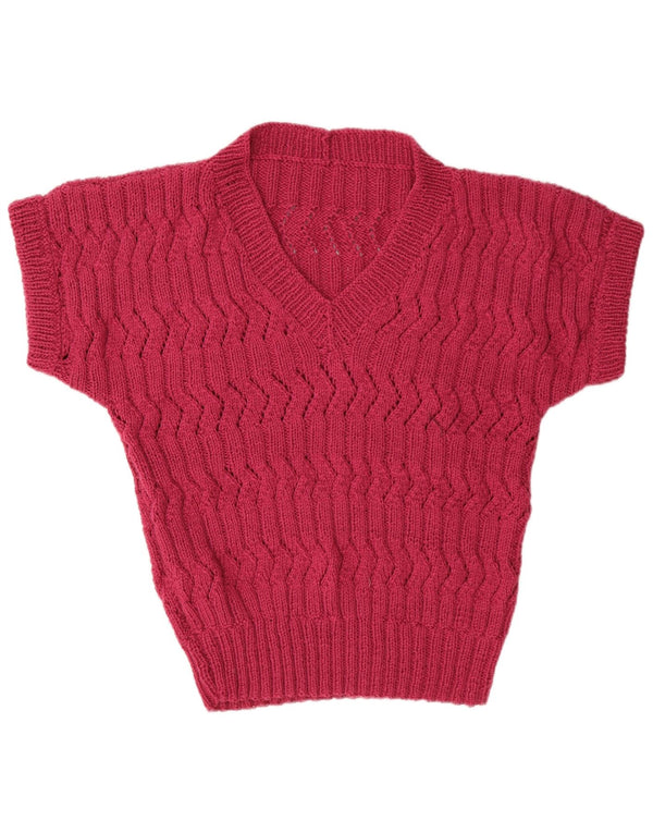 Sweter damski w stylu vintage z krótkim rękawem i dekoltem w kształcie litery V, UK 14, duży różowy