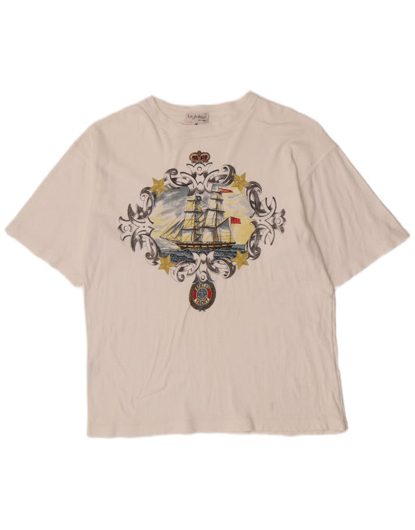 Byblos Mens Graphic T-Shirt Top Medium White Cotton