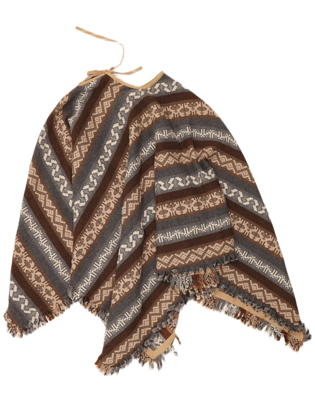Vintage damski sweter ponczo w jednym rozmiarze, brązowy, geometryczny, aztecki