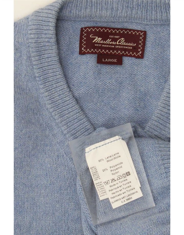 MARLBORO CLASSICS Męski sweter z dekoltem w kształcie litery V, duży, niebieski, wełniany