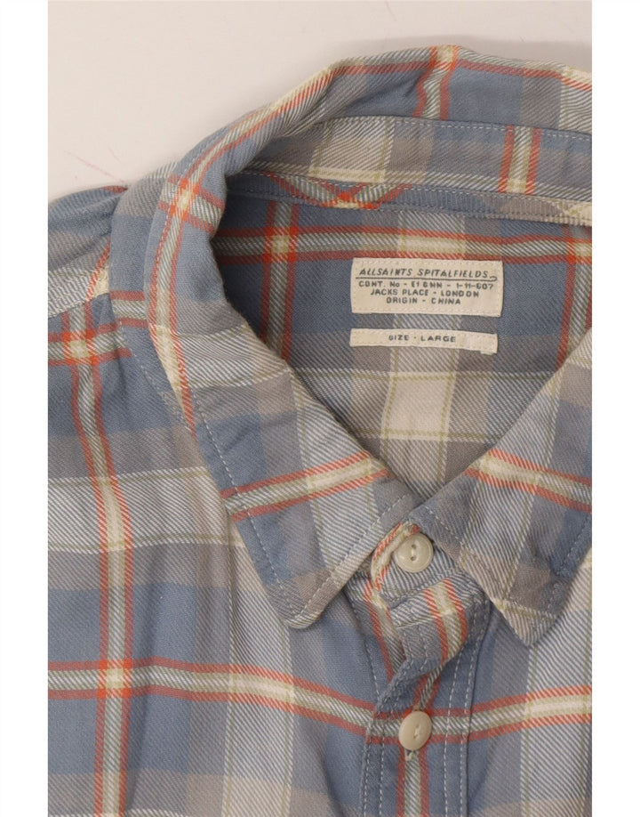 ALL SAINTS Mens 3/4 Sleeve Flannel Shirt Large Blue Check Cotton Vintage All Saints and Second-Hand All Saints from Messina Hembry 