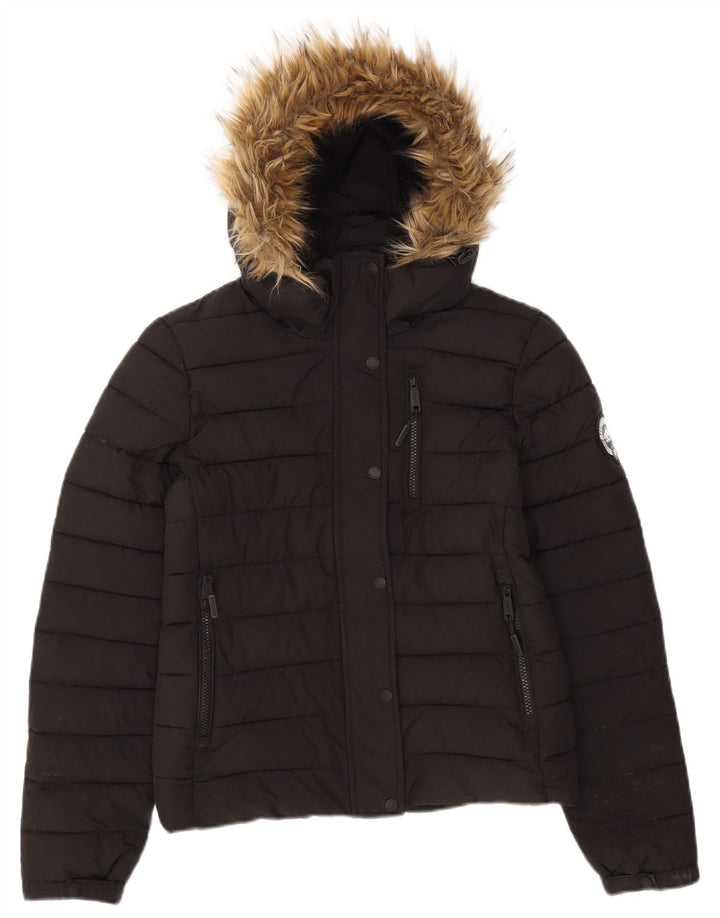 Damska wyściełana kurtka z kapturem Superdry UK 10, mała, czarna, poliester