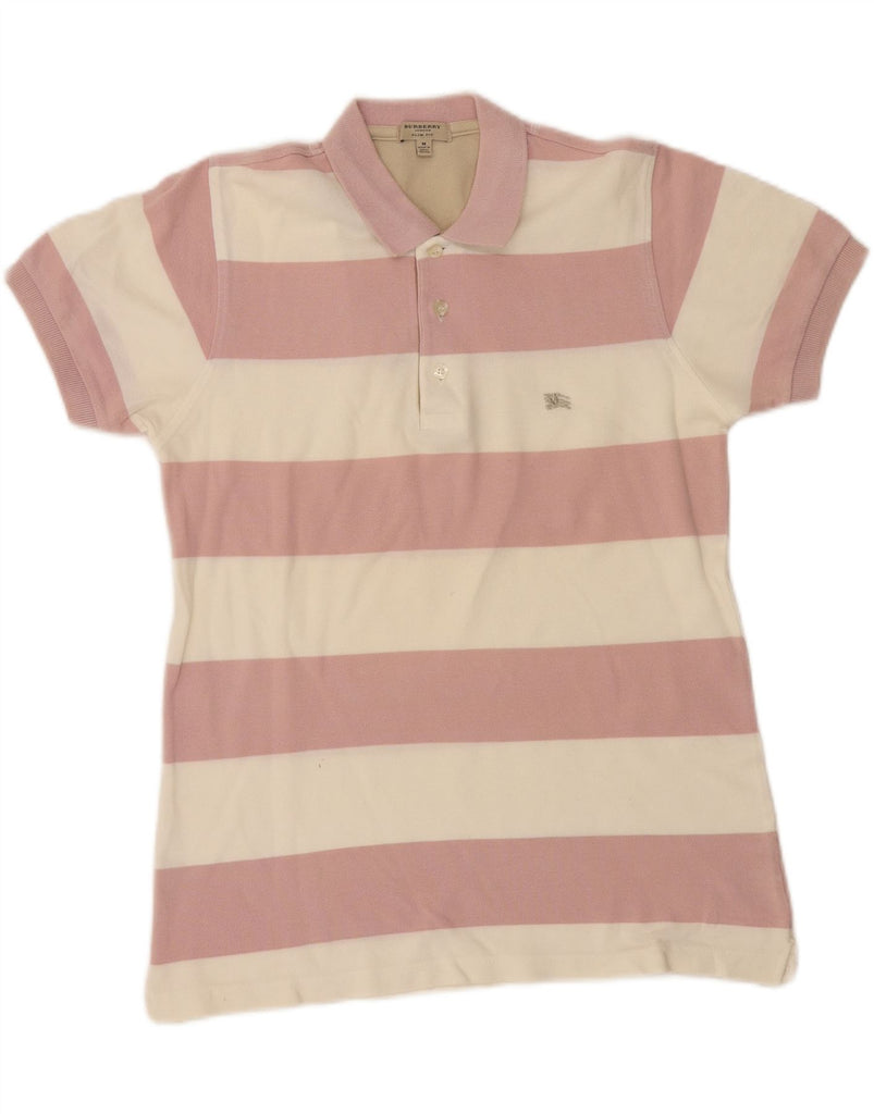BURBERRY Womens Slim Fit Polo Shirt UK 12 Medium Pink Striped Cotton Vintage Burberry and Second-Hand Burberry from Messina Hembry 