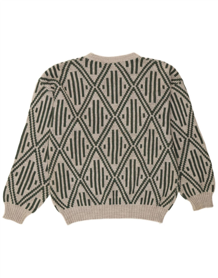 Vintage męski sweter z okrągłym dekoltem, średnio szary, geometryczny akryl