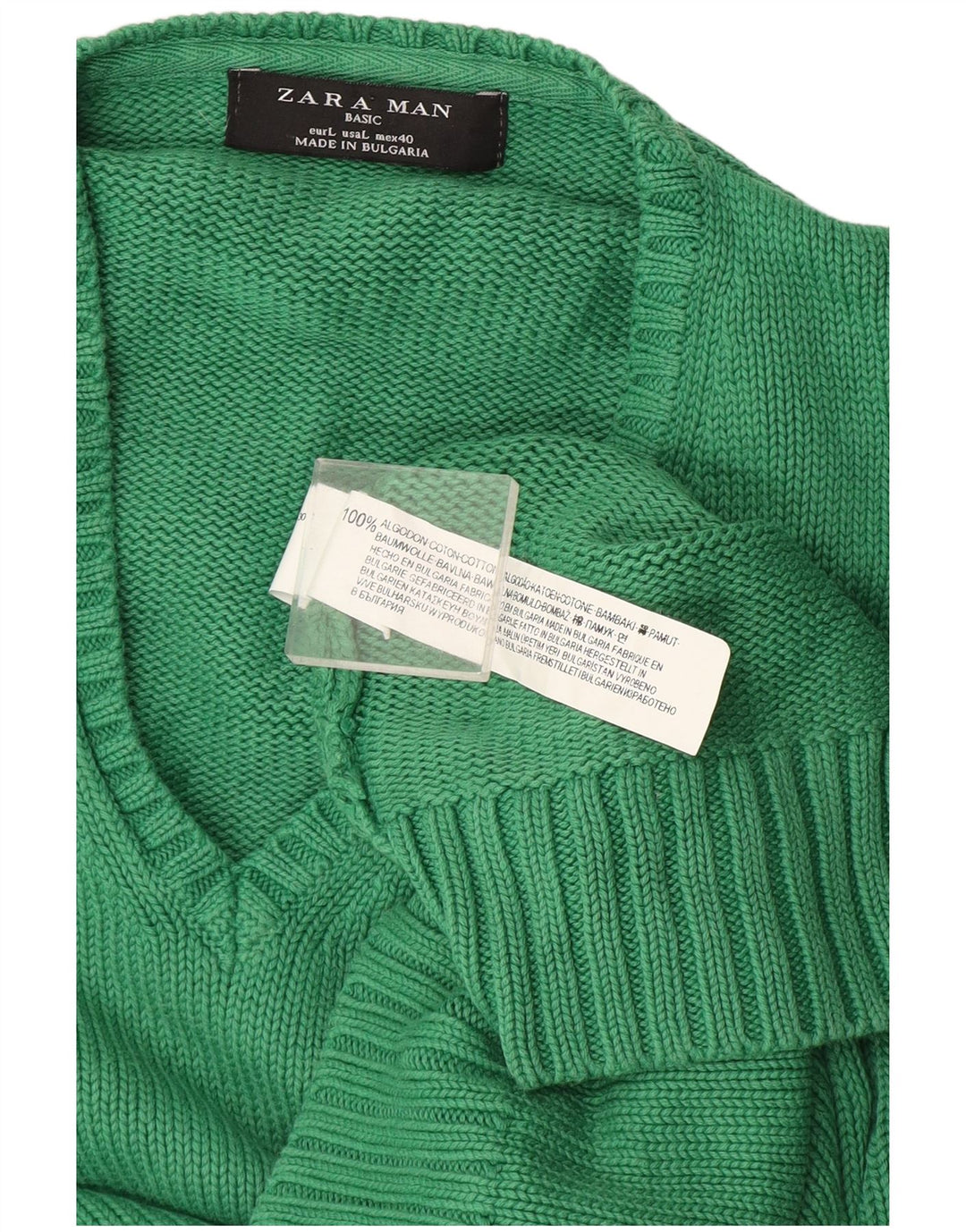 Męski sweter Zara z dekoltem w kształcie litery V, duży, zielony, bawełniany