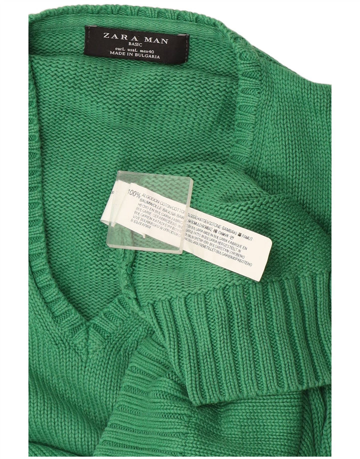 Męski sweter Zara z dekoltem w kształcie litery V, duży, zielony, bawełniany