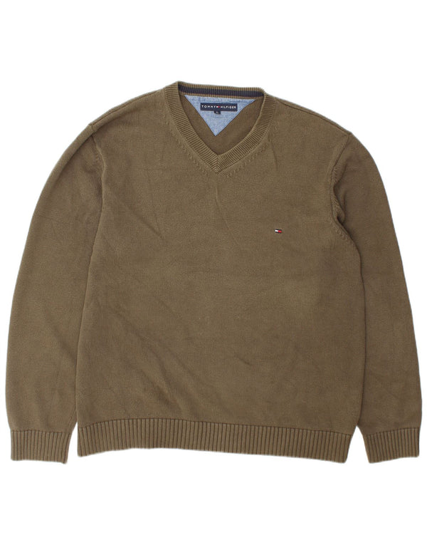 Męski sweter Tommy Hilfiger z dekoltem w kształcie litery V, XL, bawełniany khaki