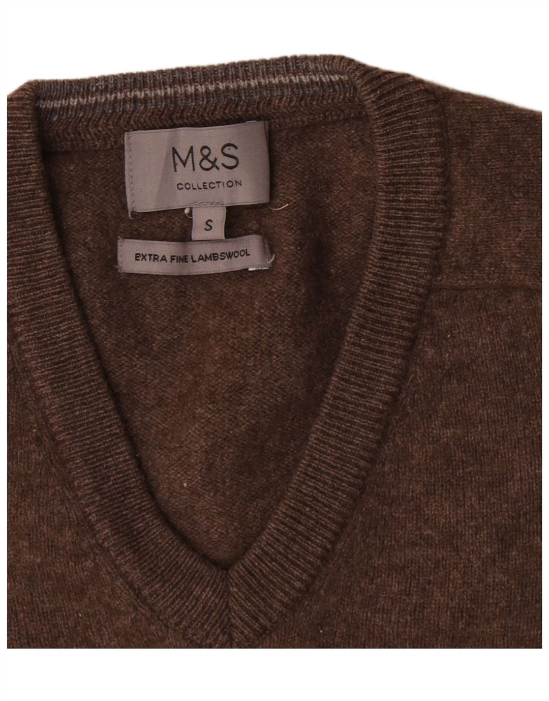 Marks & Spencer Męski sweter z dekoltem w kształcie litery V, mały, brązowy, z owczej wełny