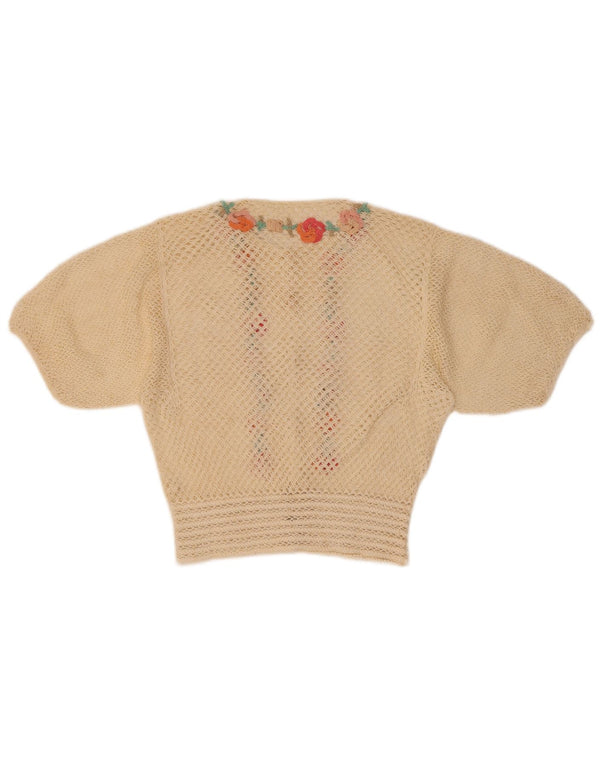 Vintage damski sweter rozpinany z krótkim rękawem UK 8 mały beżowy kwiatowy