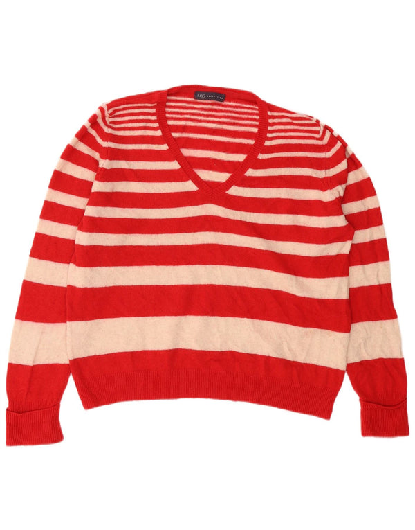 Marks & Spencer Womens V-Neck Jumper Sweater UK 18 XL Red Striped Wool