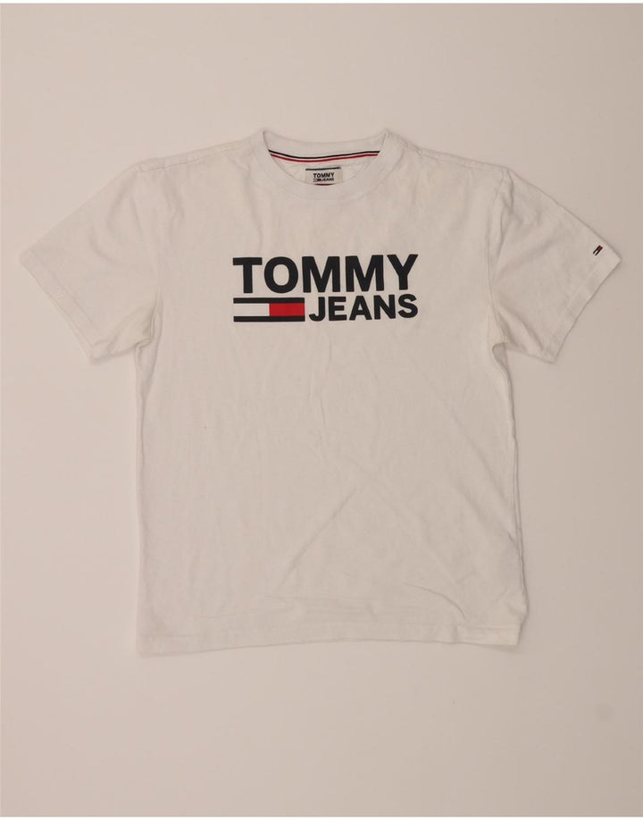 TOMMY HILFIGER Mens Graphic T-Shirt Top Medium White Cotton Vintage Tommy Hilfiger and Second-Hand Tommy Hilfiger from Messina Hembry 
