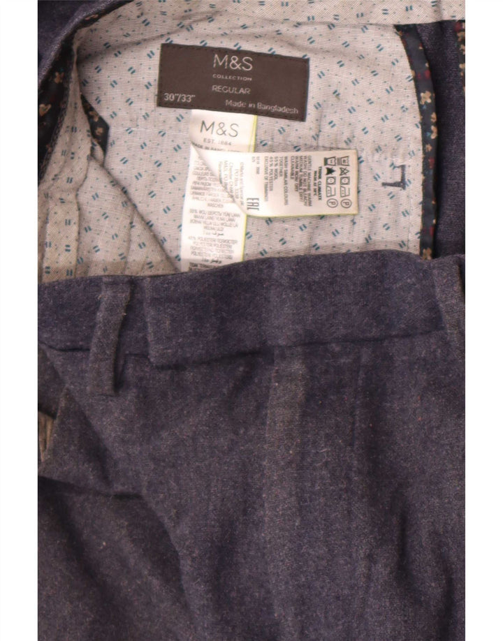 Marks & Spencer Męskie proste spodnie garniturowe W30 L27 Granatowo-wełniane