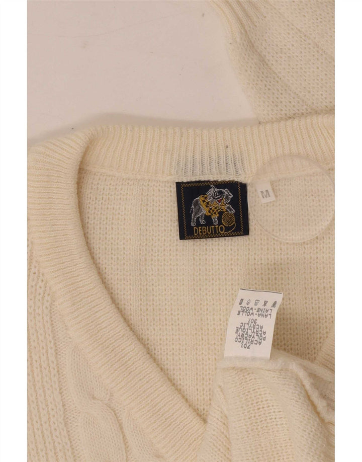 Męski sweter w stylu vintage o regularnym kroju, z dekoltem w szpic, średni, w kolorze złamanej bieli, klasyczny