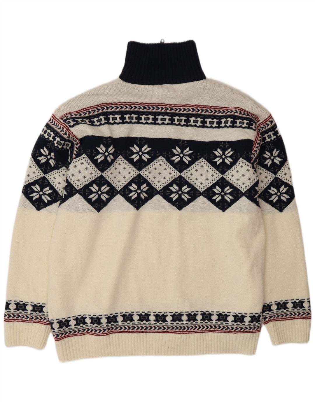 Vintage męski sweter z zamkiem błyskawicznym, duży, biały, poliakrylowy Fair Isle