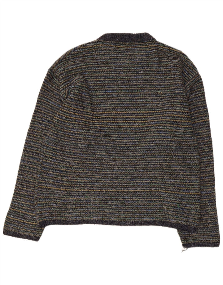 Vintage męski sweter z wycięciem pod szyją, duży, wielobarwny, wełniany prążki