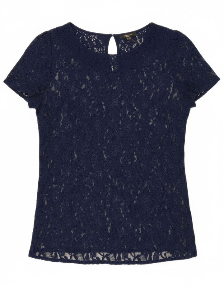 MASSIMO DUTTI Womens See Through Lace Blouse Top UK 18 XL Navy Blue