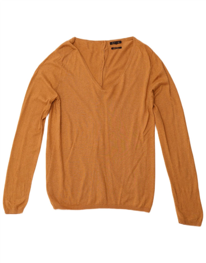 MASSIMO DUTTI Damski sweter z dekoltem w kształcie litery V, UK 14, duży, brązowy, bawełniany