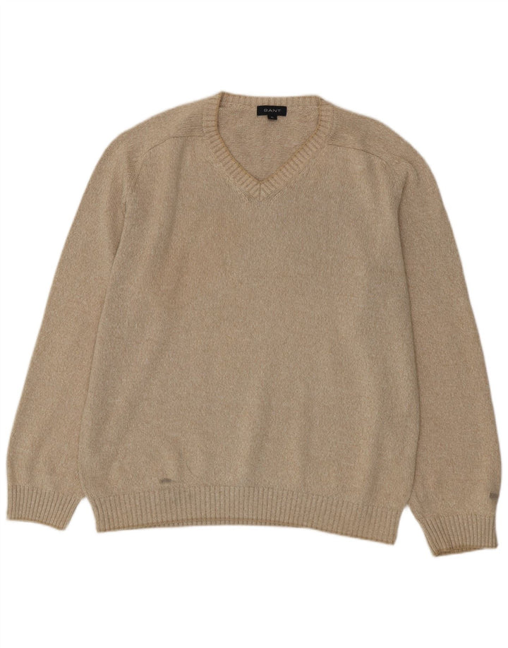 Męski sweter Gant z dekoltem w kształcie litery V, XL, beżowy, bawełniany