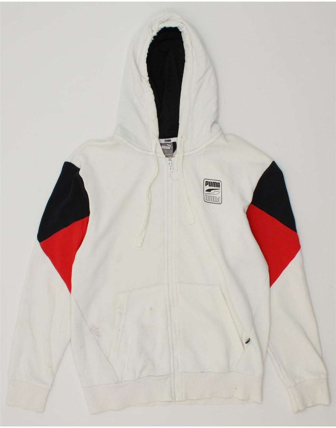 PUMA Mens Zip Hoodie Sweater Small White Colourblock Cotton Vintage Puma and Second-Hand Puma from Messina Hembry 