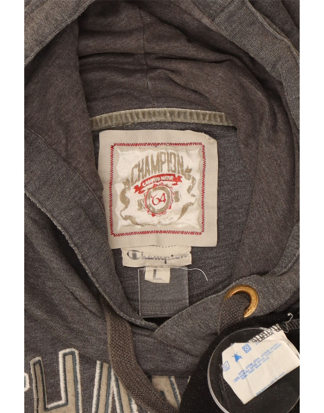 Damski sweter z kapturem i grafiką CHAMPION UK 16, duży, szary, bawełniany