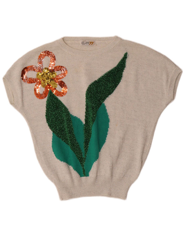 Sweter damski VINTAGE z dekoltem w łódkę UK 16, duży, w kolorze złamanej bieli, w kwiaty