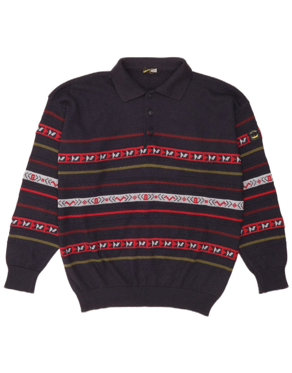 Vintage męski sweter polo XL, wełniany, w granatowe paski