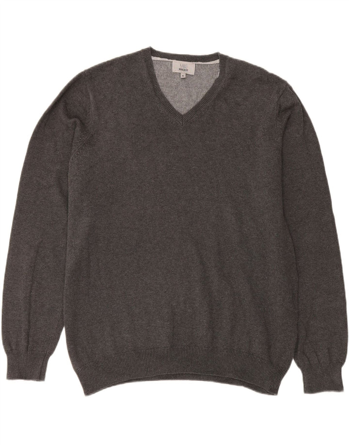 Marks & Spencer Męski sweter o regularnym kroju z dekoltem w kształcie litery V, XL, szary, bawełniany