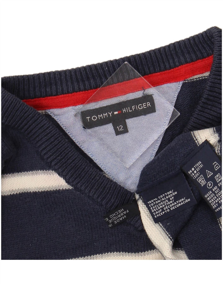 TOMMY HILFIGER Chłopięcy sweter z dekoltem w kształcie litery V, 11-12 lat, granatowy w paski