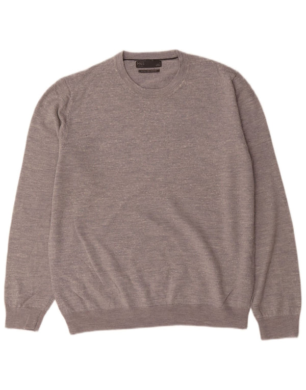 Marks & Spencer Męski sweter z okrągłym dekoltem, duży, szary, z wełny merynosów