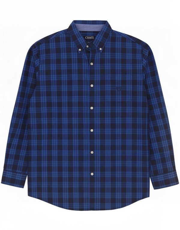 Chaps Mens Easy Care Shirt Large Navy Blue Check Cotton