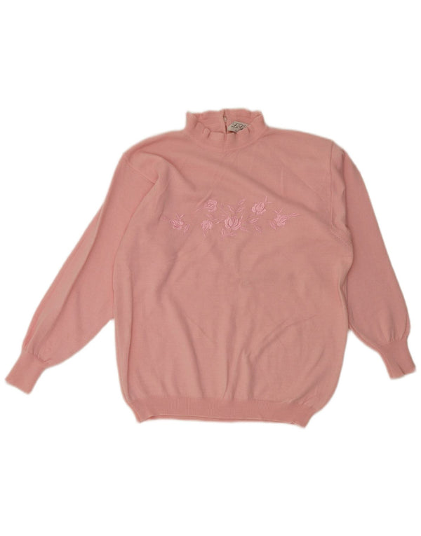 Vintage damski sweter z golfem UK 12 średni różowy kwiatowy retro