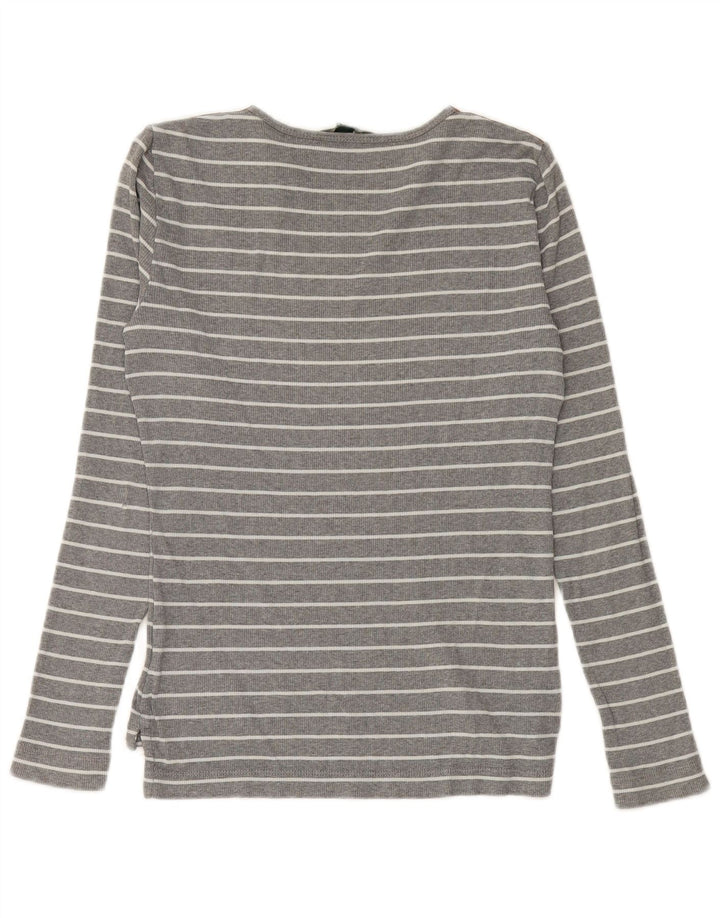 RALPH LAUREN Womens Top Long Sleeve UK 12 Medium Grey Striped Cotton