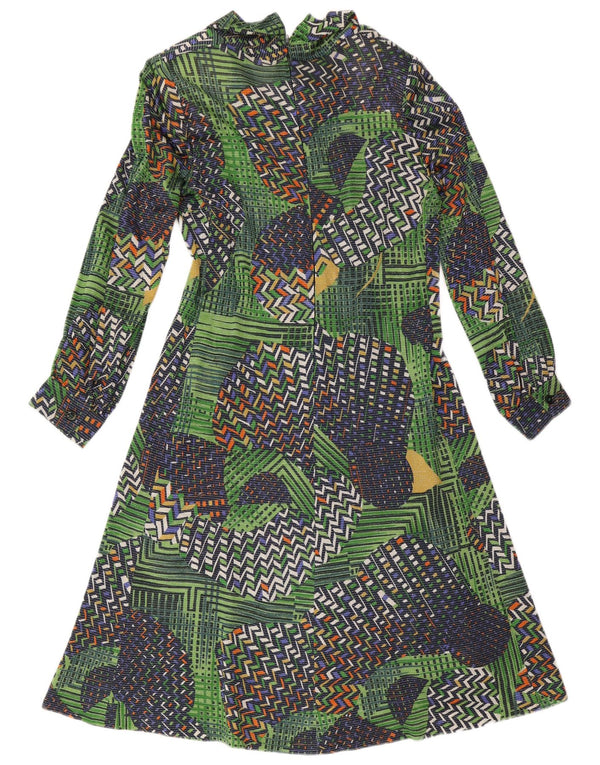 Vintage damska sukienka o linii A z długim rękawem UK 14 Średni zielony patchwork