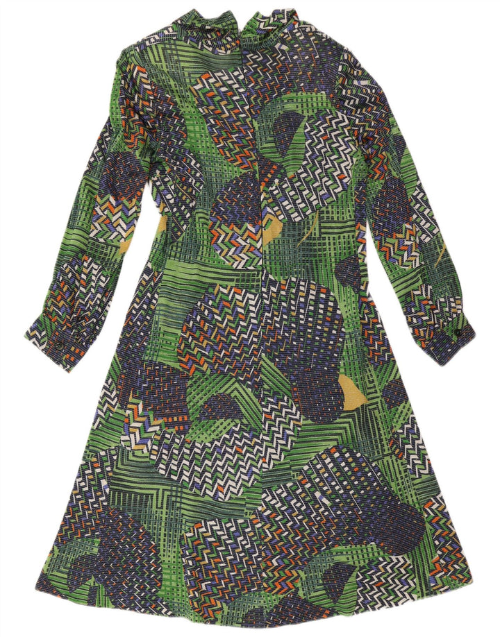 Vintage damska sukienka o linii A z długim rękawem UK 14 Średni zielony patchwork