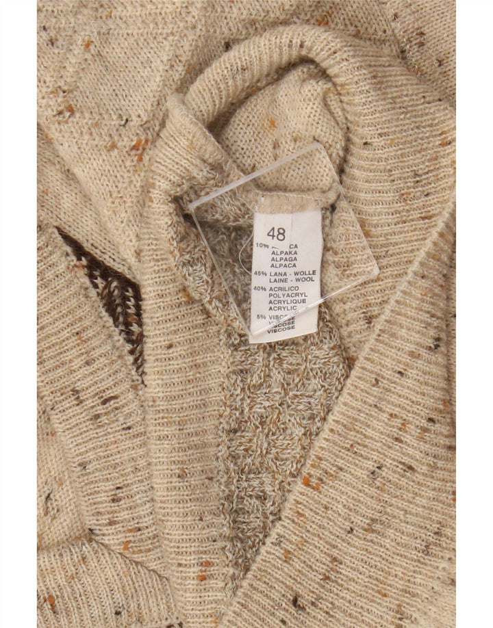 Męski sweter w stylu vintage z dekoltem w szpic IT 48 Średni beżowy wełniany blok kolorów