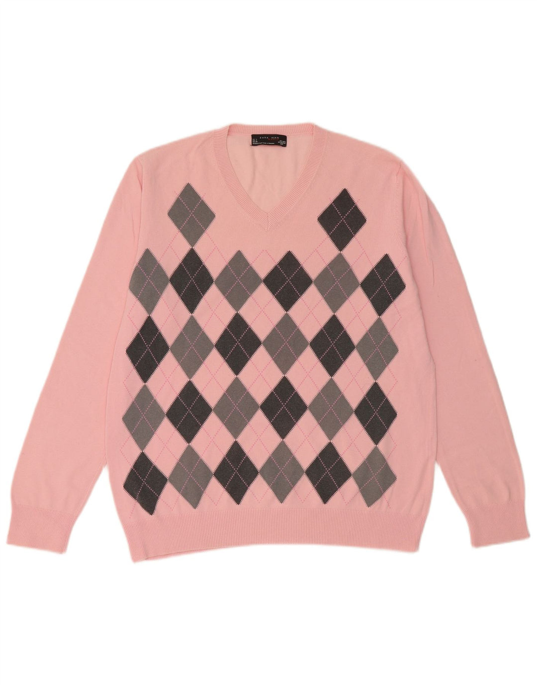 Męski sweter Zara z dekoltem w kształcie litery V, duży, różowy, wykonany z tkaniny argyle/diamentowej bawełny