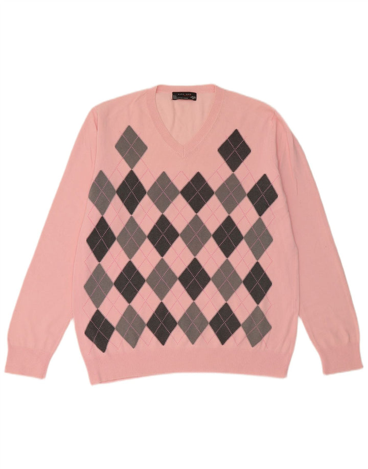 Męski sweter Zara z dekoltem w kształcie litery V, duży, różowy, wykonany z tkaniny argyle/diamentowej bawełny