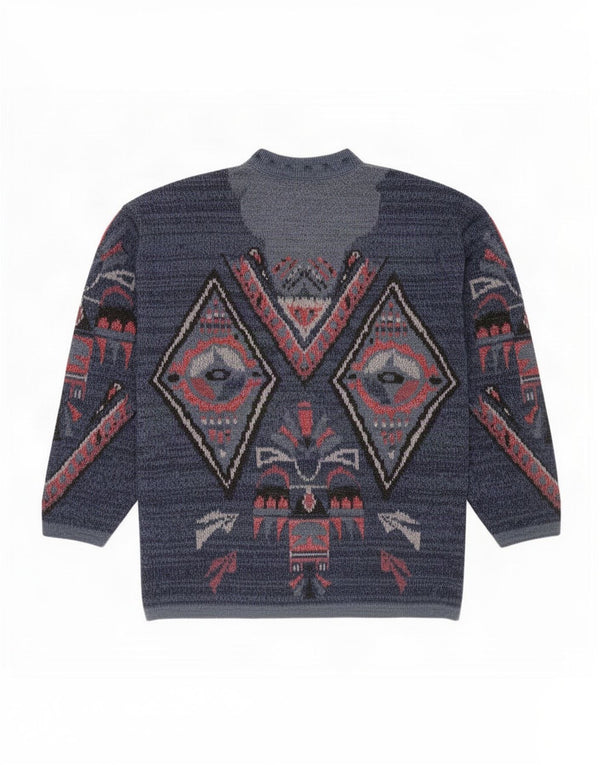 Vintage męski sweter z golfem, duży granatowy, geometryczny akryl
