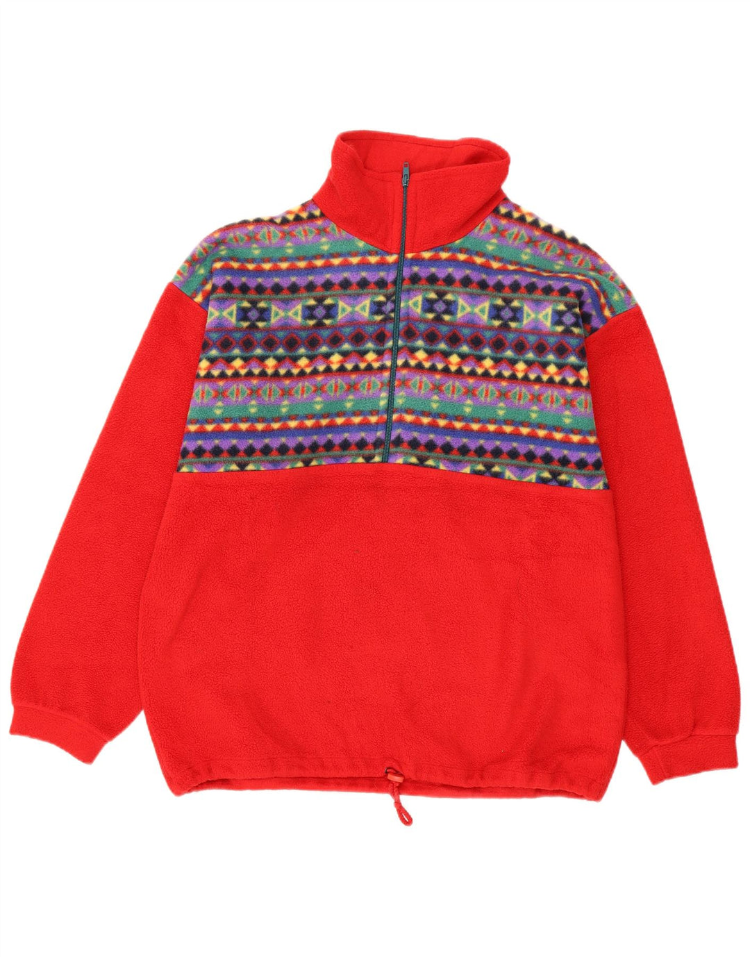 Męski sweter polarowy z zamkiem błyskawicznym w stylu vintage, średni czerwony geometryczny poliester