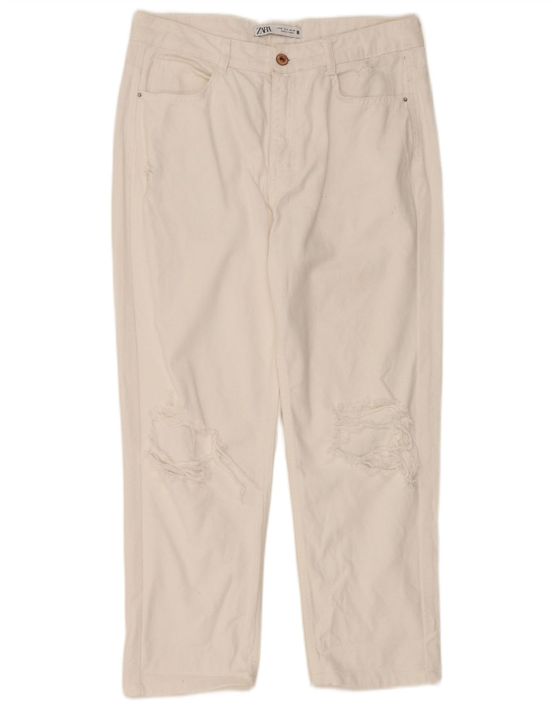 Damskie jeansy Zara w trudnej sytuacji, przycięte, EU 38, małe, W28 L24, biała bawełna