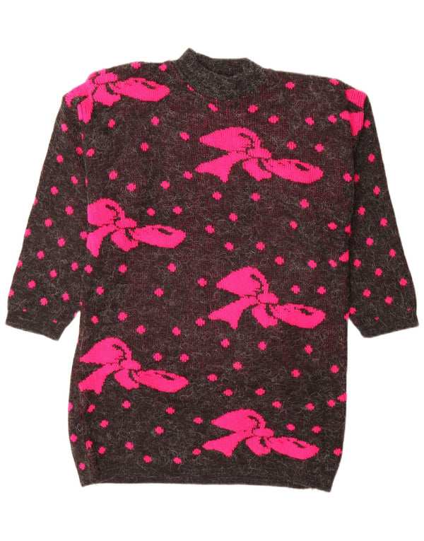Vintage damski sweter z golfem z grafiką UK 16, duży, szary w cętki