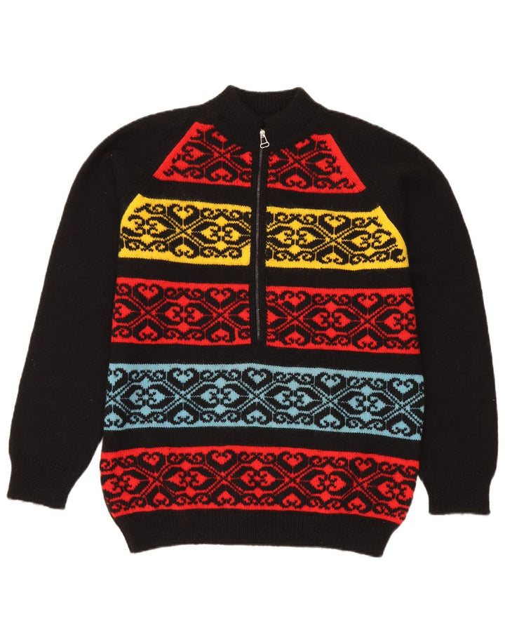 Vintage męski sweter z zamkiem błyskawicznym, średni czarny Fair Isle
