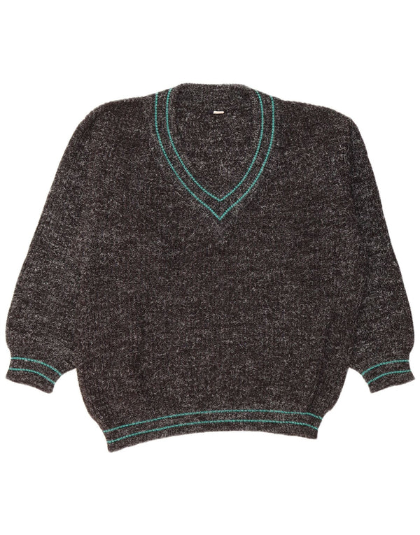 Vintage męski sweter z dekoltem w kształcie litery V, XL, czarny akryl