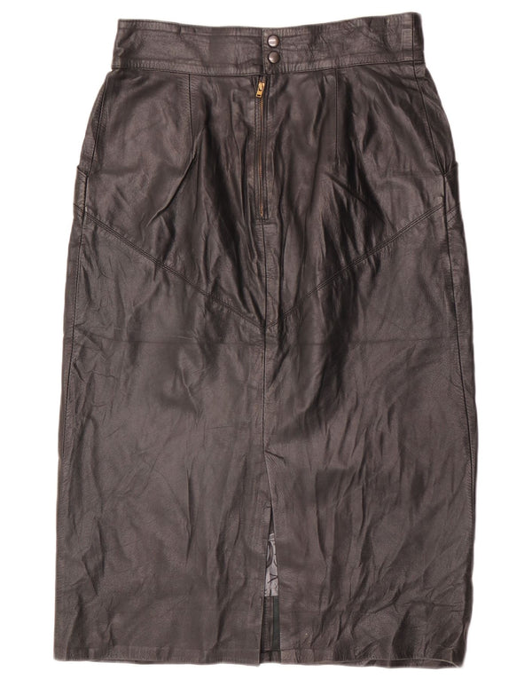Vintage Womens High Waist Midi Leather Skirt IT 48 XL W30  Black Leather