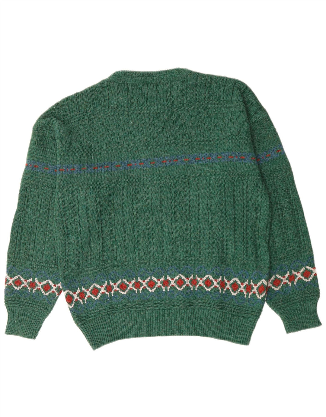 Vintage męski sweter z okrągłym dekoltem, średnio zielony, wełna Fair Isle