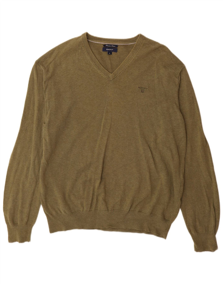 Męski sweter Gant z dekoltem w kształcie litery V, bawełniany, XL, khaki