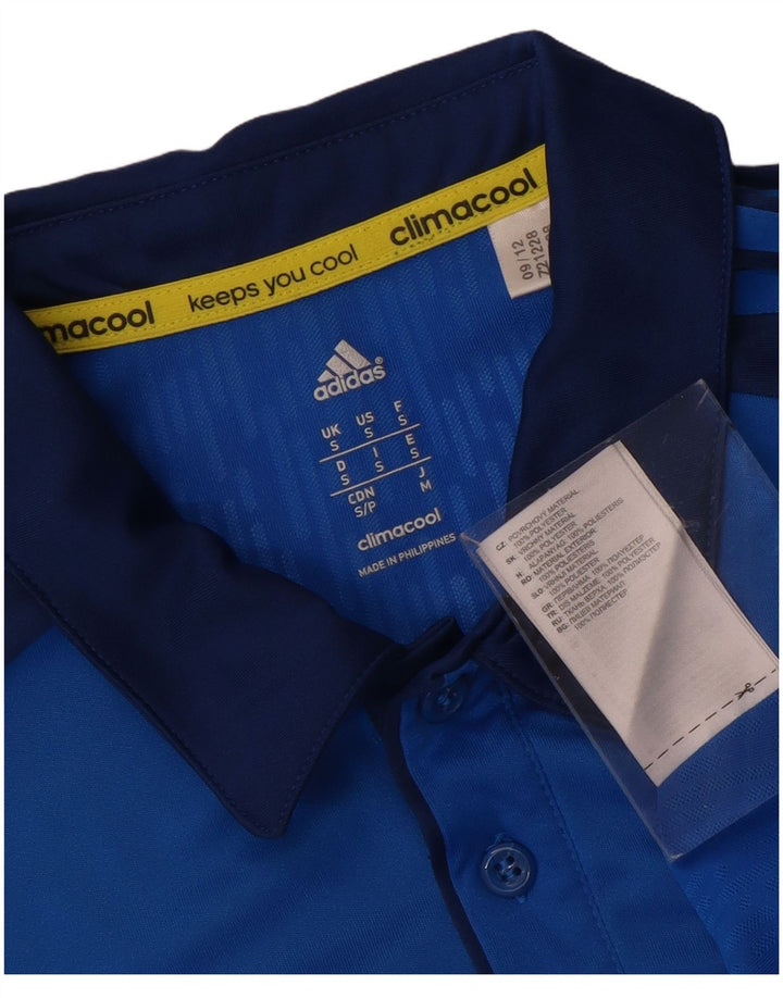 Męska koszulka polo ADIDAS Climacool, mała, niebieska, z poliestru w blokach kolorów