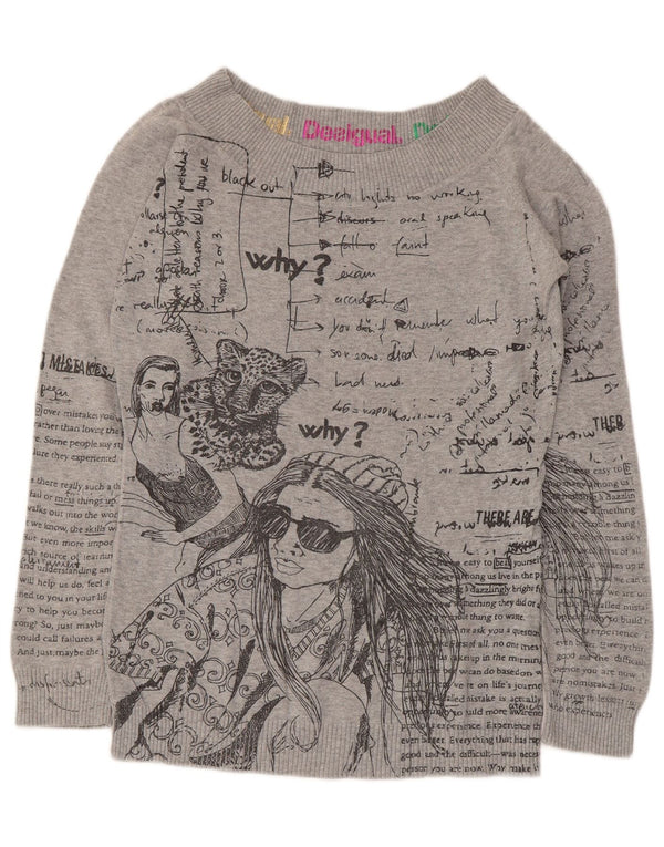 Damski sweter Desigual z graficznym dekoltem w łódkę UK 14, duży, szary, bawełniany