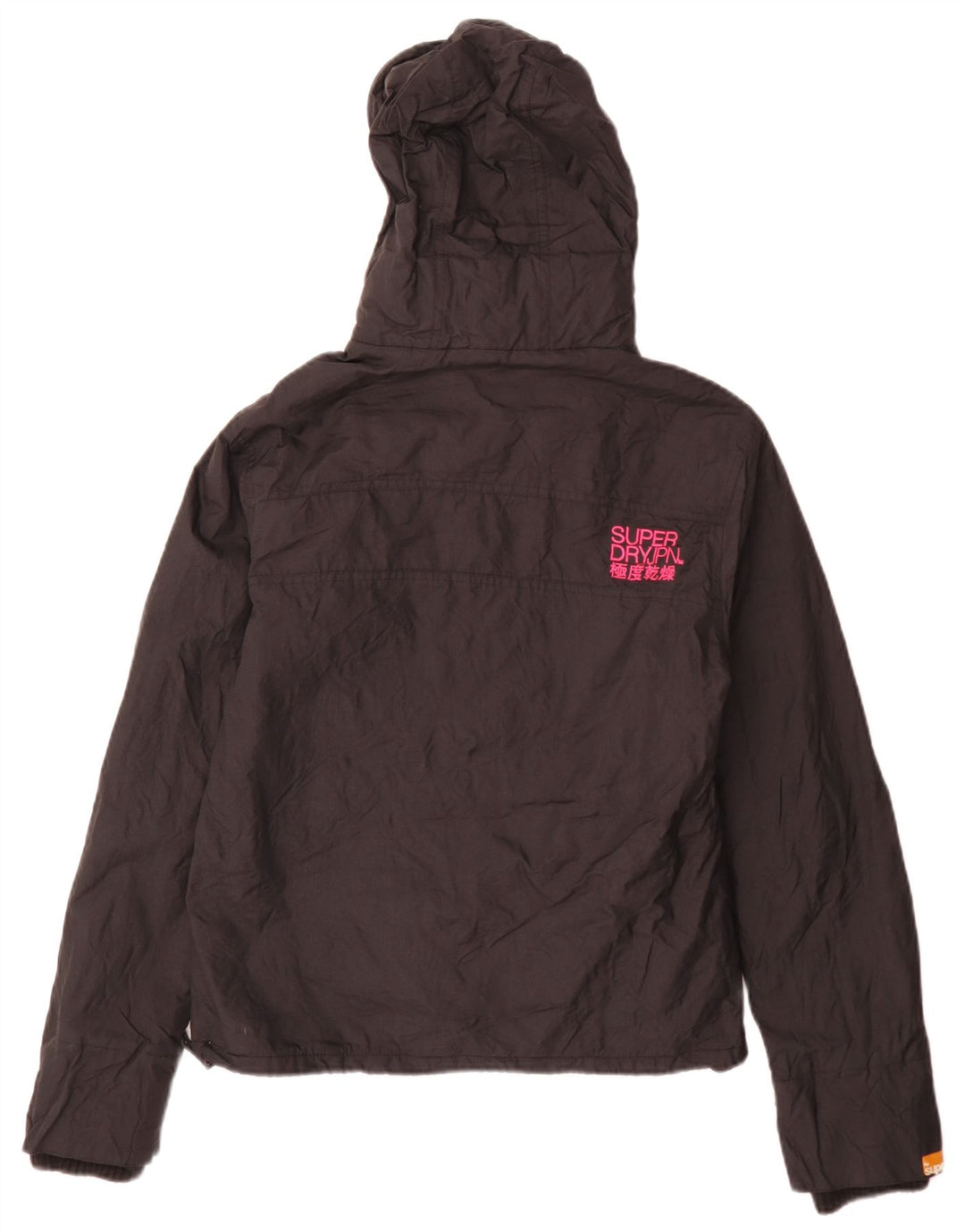 Damska kurtka wiatrówka z kapturem Superdry UK 16, duża, czarna nylonowa